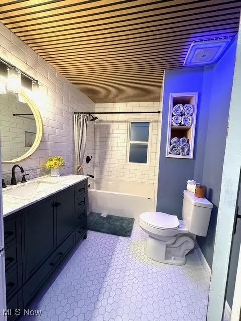 21430 Lakeshore Blvd, Euclid, OH 44123 - bathroom with vanity, wood ceiling, bathing tub / shower combination, and tile patterned floors