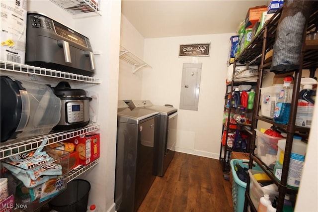 1524 Walker Rd, Follansbee, WV 26037 - laundry area featuring electric panel, dark wood-style floors, and washer and dryer