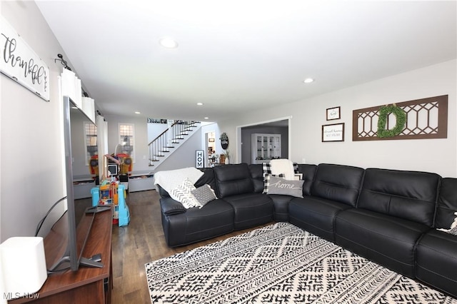 1524 Walker Rd, Follansbee, WV 26037 - living room featuring stairway, wood finished floors, and recessed lighting