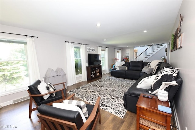 1524 Walker Rd, Follansbee, WV 26037 - living area featuring stairs, wood finished floors, and recessed lighting