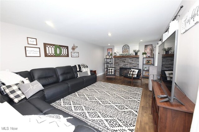 1524 Walker Rd, Follansbee, WV 26037 - living room with wood finished floors, recessed lighting, and a stone fireplace