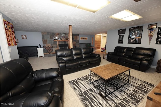 1524 Walker Rd, Follansbee, WV 26037 - living room with carpet, a tiled fireplace, and a paneled ceiling