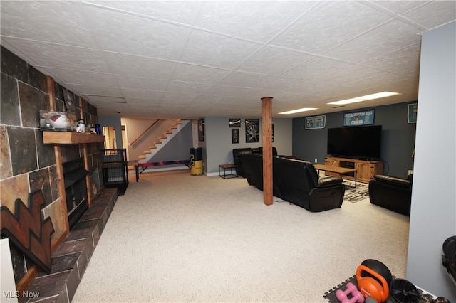 1524 Walker Rd, Follansbee, WV 26037 - carpeted living area with a large fireplace and stairway