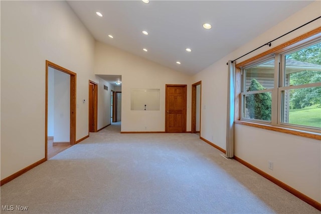 114 Buckner Bend Rd, Walker, WV 26180 - unfurnished room with recessed lighting, light carpet, and high vaulted ceiling