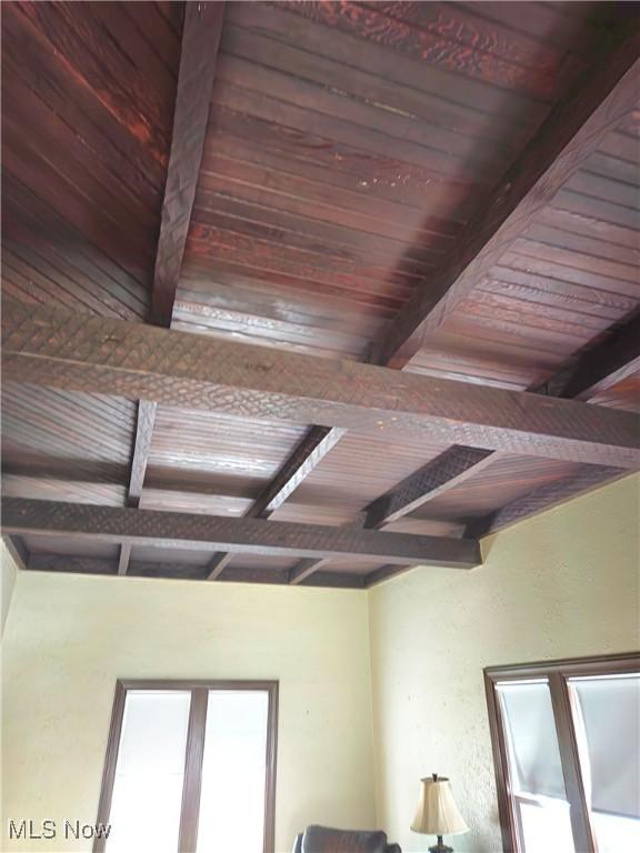 17405 Schenely Ave, Cleveland, OH 44119 - detailed view of a wood ceiling with exposed beams