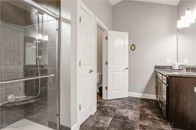 12110 Cora Ct, Concord, OH 44077 - full bath with vanity, a shower stall, and lofted ceiling