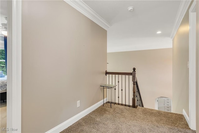 12110 Cora Ct, Concord, OH 44077 - hallway with crown molding, an upstairs landing, carpet flooring, and recessed lighting