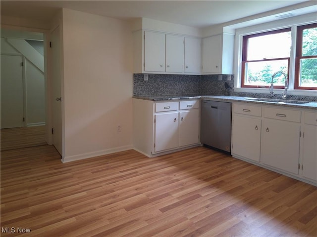 4581 Smith Stewart Rd, Vienna, OH 44473 - kitchen featuring stainless steel dishwasher, light wood finished floors, backsplash, and white cabinetry
