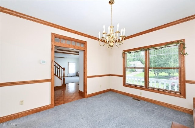 452 Herbert Rd, Akron, OH 44312 - unfurnished room with healthy amount of natural light, carpet flooring, a chandelier, ornamental molding, and stairs