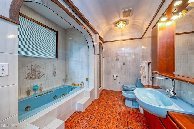 68 Caravel Pl, Wintersville, OH 43953 - full bathroom with tile walls, tile patterned flooring, a tub with jets, a bidet, and a shower stall