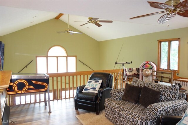3545 Malley Ave, Coventry Township, OH 44319 - living room featuring a ceiling fan, wood finished floors, and lofted ceiling