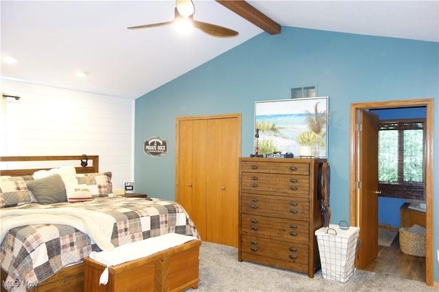 3545 Malley Ave, Coventry Township, OH 44319 - carpeted bedroom with beam ceiling, a closet, high vaulted ceiling, and ceiling fan