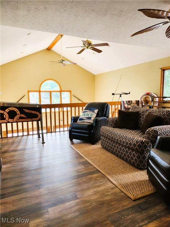 3545 Malley Ave, Coventry Township, OH 44319 - living area featuring a ceiling fan, wood finished floors, lofted ceiling, and a textured ceiling