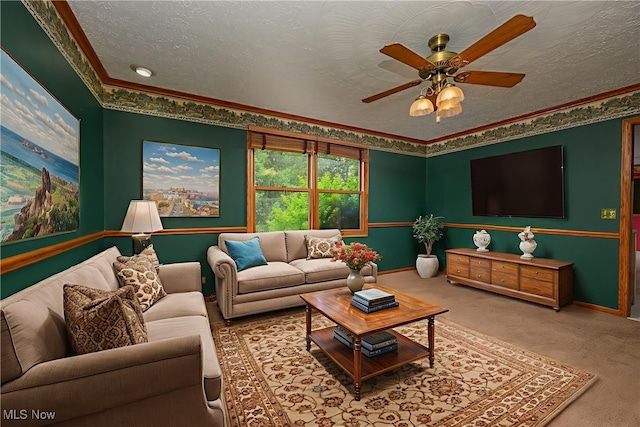 6104 Shipslanding Ave NW, Canton, OH 44718 - living area featuring a ceiling fan, a textured ceiling, carpet floors, and ornamental molding