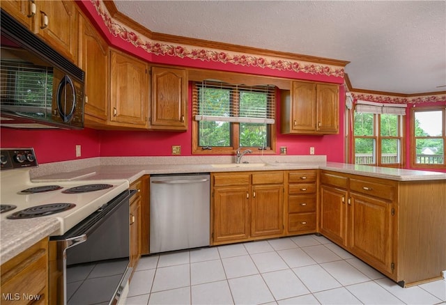 6104 Shipslanding Ave NW, Canton, OH 44718 - kitchen featuring stainless steel dishwasher, black microwave, white range with electric cooktop, a peninsula, and light countertops