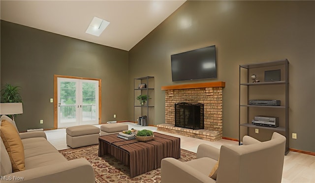 6104 Shipslanding Ave NW, Canton, OH 44718 - living room with high vaulted ceiling, light wood finished floors, and a brick fireplace