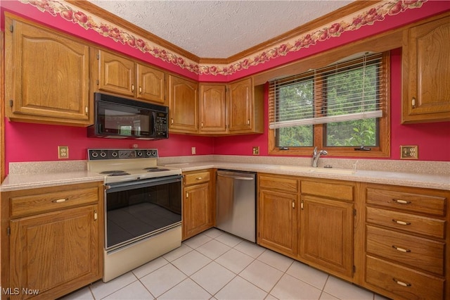 6104 Shipslanding Ave NW, Canton, OH 44718 - kitchen with black microwave, white electric range, stainless steel dishwasher, a textured ceiling, and light countertops