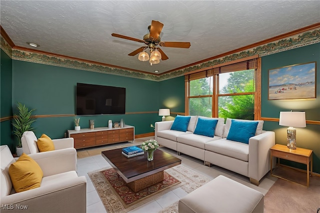 6104 Shipslanding Ave NW, Canton, OH 44718 - living room featuring ceiling fan, a textured ceiling, and ornamental molding