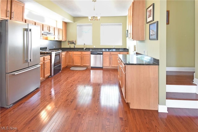 5500 Courtland Ct, Cleveland, OH 44102 - kitchen with stainless steel appliances, under cabinet range hood, dark wood-type flooring, hanging light fixtures, and healthy amount of natural light