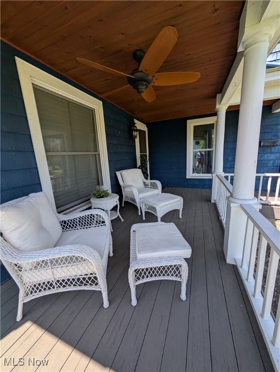 136 W Church St, Newton Falls, OH 44444 - wooden porch featuring a ceiling fan