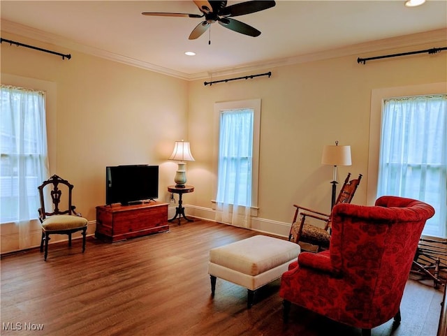 136 W Church St, Newton Falls, OH 44444 - living room featuring wood finished floors, a ceiling fan, ornamental molding, and recessed lighting