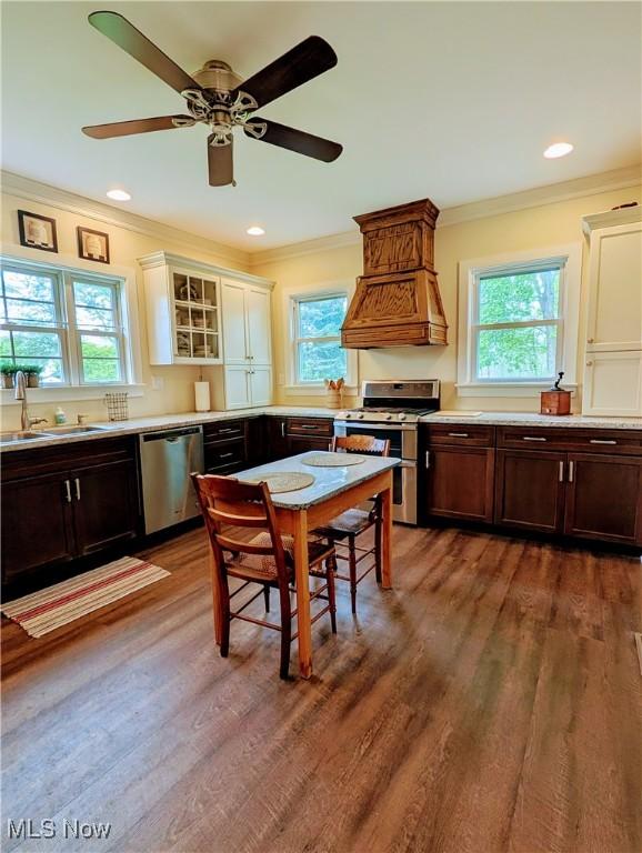 136 W Church St, Newton Falls, OH 44444 - kitchen with appliances with stainless steel finishes, ornamental molding, healthy amount of natural light, wood finished floors, and light countertops
