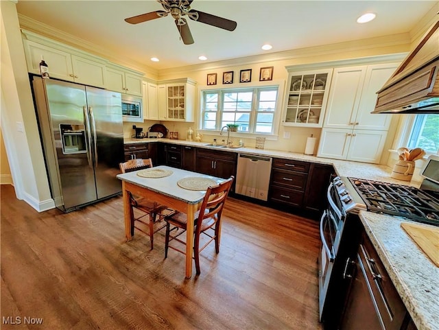 136 W Church St, Newton Falls, OH 44444 - kitchen with appliances with stainless steel finishes, custom range hood, dark wood-style flooring, a ceiling fan, and crown molding