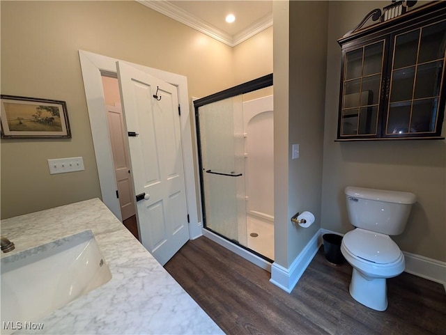 136 W Church St, Newton Falls, OH 44444 - full bathroom featuring wood finished floors, crown molding, a shower stall, and vanity