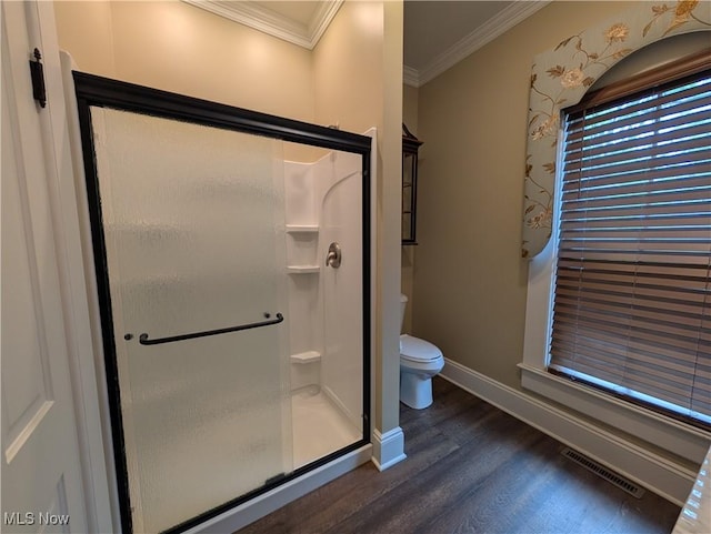 136 W Church St, Newton Falls, OH 44444 - bathroom featuring wood finished floors, ornamental molding, and a stall shower