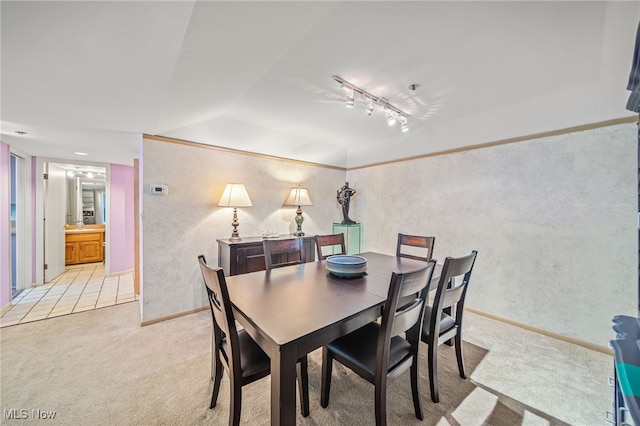 140 Fox Hollow Dr Unit 206C, Mayfield Heights, OH 44124 - dining area featuring light colored carpet, track lighting, vaulted ceiling, and a textured wall