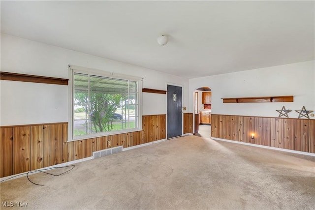 700 Alice St, East Palestine, OH 44413 - carpeted empty room featuring wainscoting, arched walkways, and wood walls