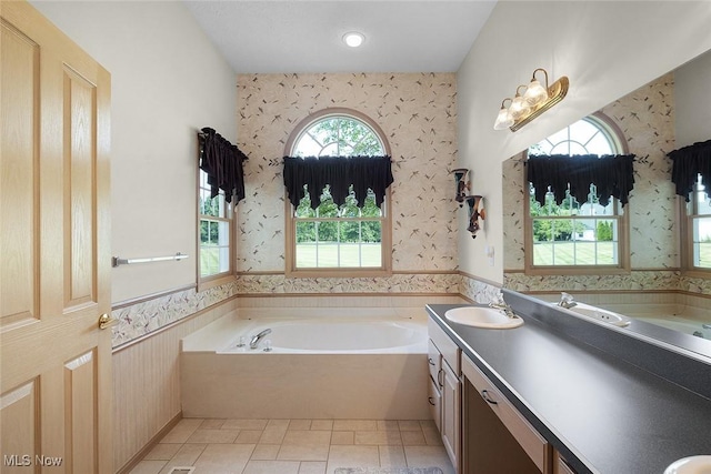 20 Golf View Ln, North Olmsted, OH 44070 - full bath with a bath, double vanity, wallpapered walls, and a wainscoted wall