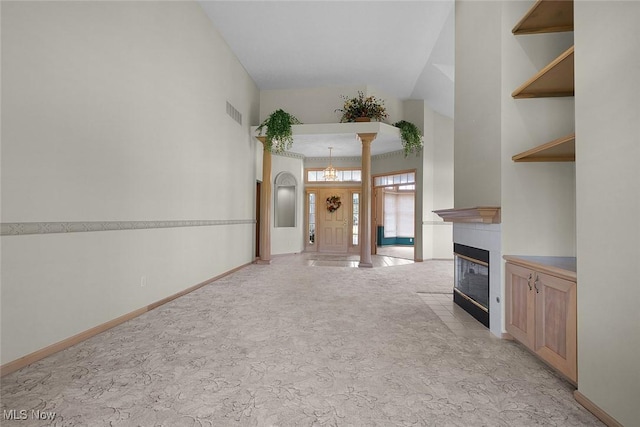 20 Golf View Ln, North Olmsted, OH 44070 - unfurnished living room featuring light colored carpet and a fireplace with flush hearth