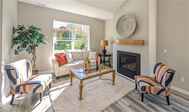 5007 Coventry Cir, Huron, OH 44839 - living room with wood finished floors, a glass covered fireplace, and lofted ceiling