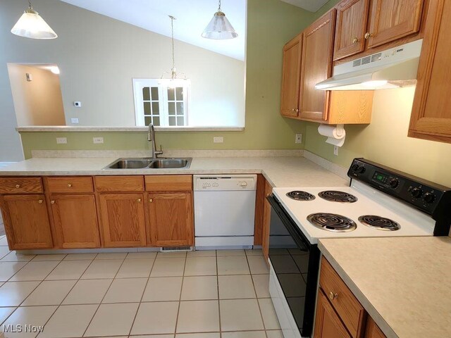 422 Dartmouth Trl, Sagamore Hills, OH 44067 - kitchen featuring white dishwasher, range with electric stovetop, under cabinet range hood, vaulted ceiling, and light countertops