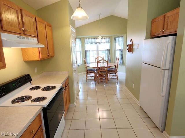 422 Dartmouth Trl, Sagamore Hills, OH 44067 - kitchen featuring range with electric cooktop, freestanding refrigerator, under cabinet range hood, a chandelier, and light countertops
