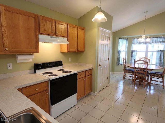 422 Dartmouth Trl, Sagamore Hills, OH 44067 - kitchen with electric range, under cabinet range hood, a chandelier, light countertops, and lofted ceiling