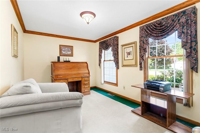 302 Brookpoint Cir, Wadsworth, OH 44281 - carpeted living area with ornamental molding and healthy amount of natural light