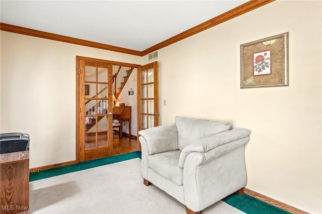 302 Brookpoint Cir, Wadsworth, OH 44281 - sitting room featuring crown molding, stairs, and carpet