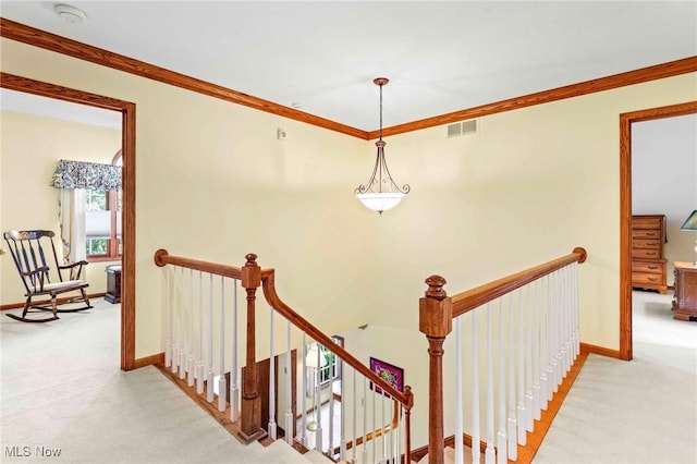 302 Brookpoint Cir, Wadsworth, OH 44281 - corridor featuring an upstairs landing, carpet flooring, and crown molding