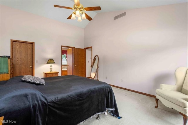 302 Brookpoint Cir, Wadsworth, OH 44281 - bedroom featuring light carpet, high vaulted ceiling, and ceiling fan