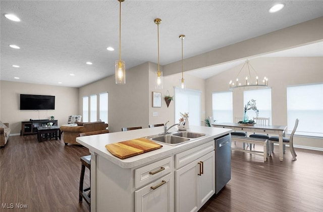 37282 Amber Way N, Ridgeville, OH 44039 - kitchen with dishwasher, light countertops, dark wood-type flooring, recessed lighting, and white cabinets