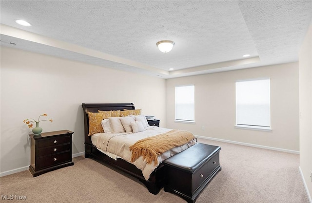 37282 Amber Way N, Ridgeville, OH 44039 - bedroom with light carpet, a textured ceiling, recessed lighting, and a raised ceiling
