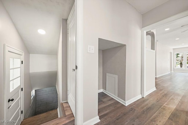 5902 Vandalia Ave, Cleveland, OH 44144 - hallway with wood finished floors, vaulted ceiling, and recessed lighting