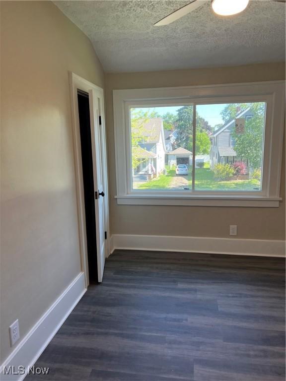 1820 E 47th St, Ashtabula, OH 44004 - spare room featuring a textured ceiling, dark wood-style flooring, and vaulted ceiling