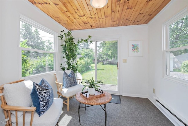 4030 Silsby Rd, University Heights, OH 44118 - sunroom with a baseboard radiator, plenty of natural light, wood ceiling, and crown molding