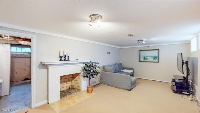 3622 Northcliffe Rd, University Heights, OH 44118 - carpeted living room with a brick fireplace and baseboards