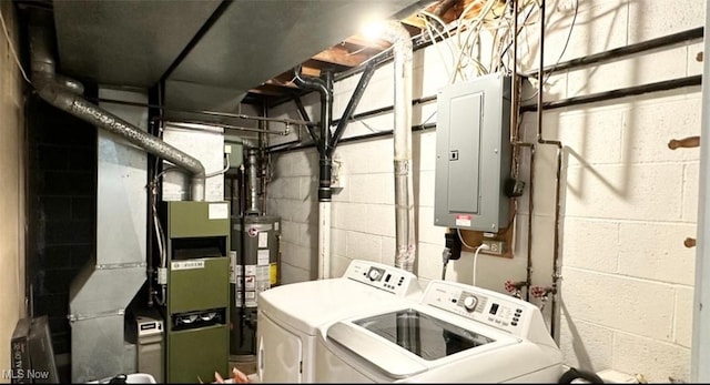 7135 N Holmes Pl, Concord, OH 44077 - laundry room with electric panel, washing machine and dryer, water heater, and heating unit