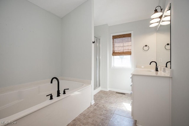 31008 Logan Ct, Westlake, OH 44145 - bathroom with a bath, vanity, a shower stall, and tile patterned flooring
