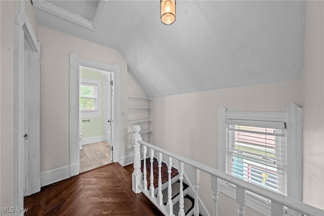 2905 Jay Ave, Cleveland, OH 44113 - corridor with an upstairs landing, lofted ceiling, attic access, and parquet flooring